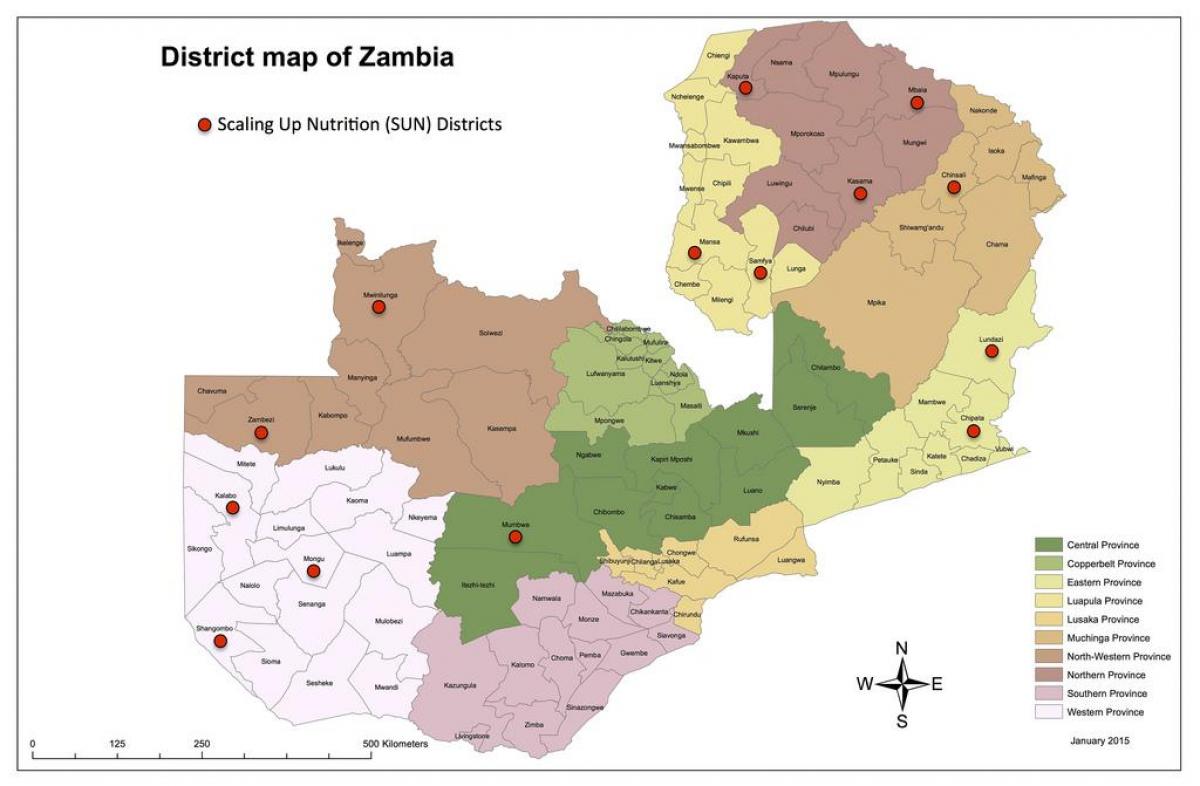 Zambië distrikte opgedateer kaart