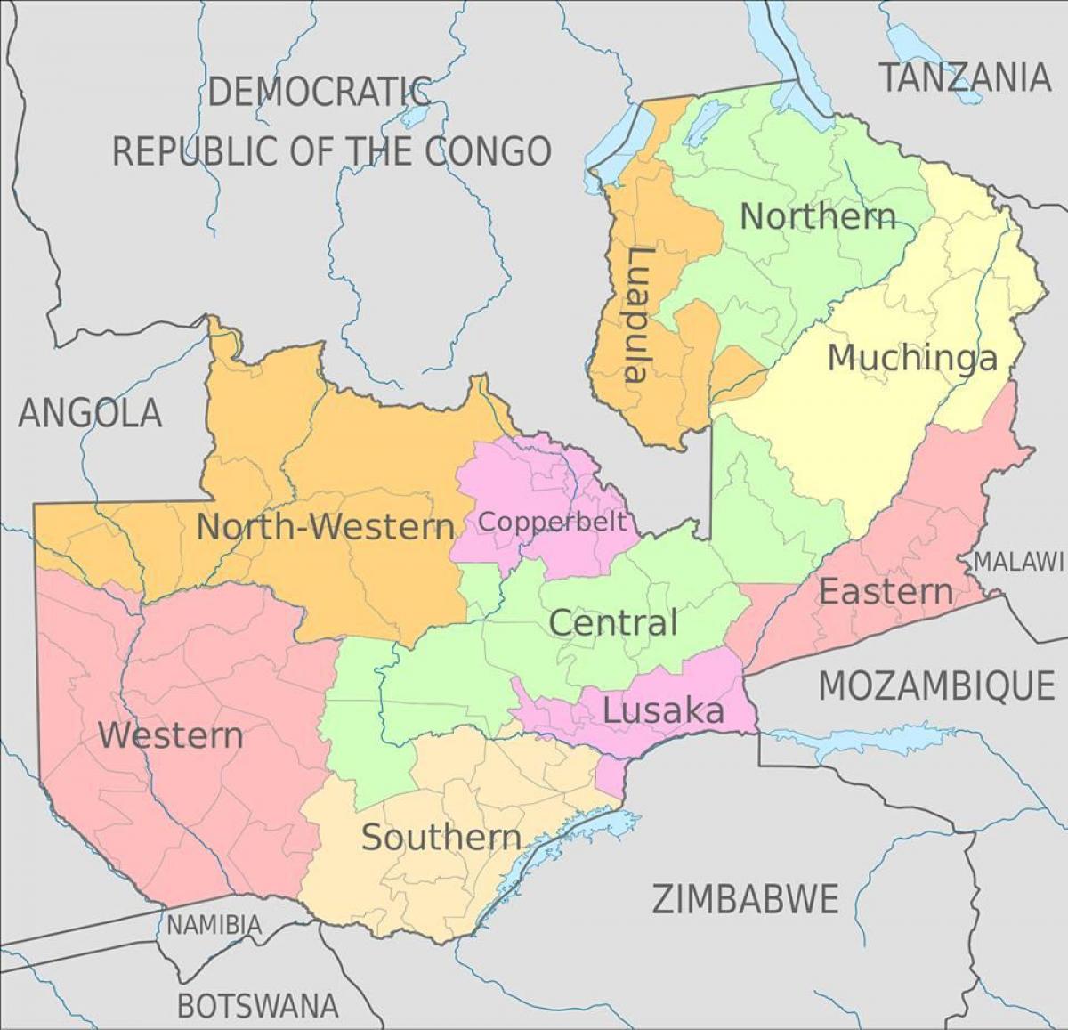 kaart van Zambië wat 10 provinsies