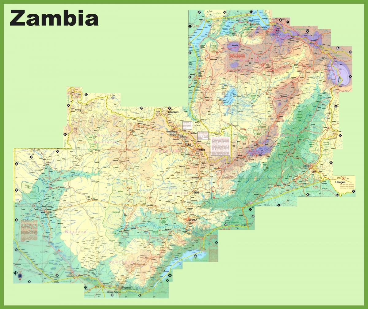 kaart van Zambië wat al die dorpe