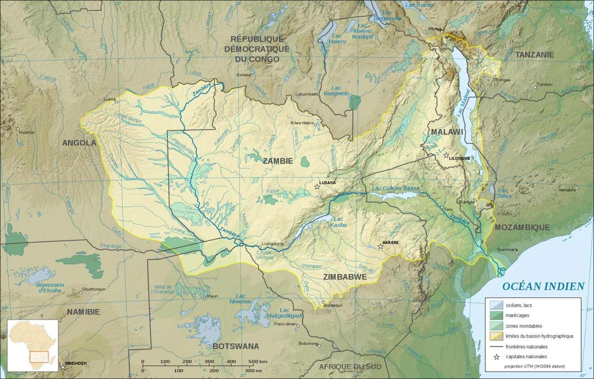 kaart van Zambië wat riviere en mere