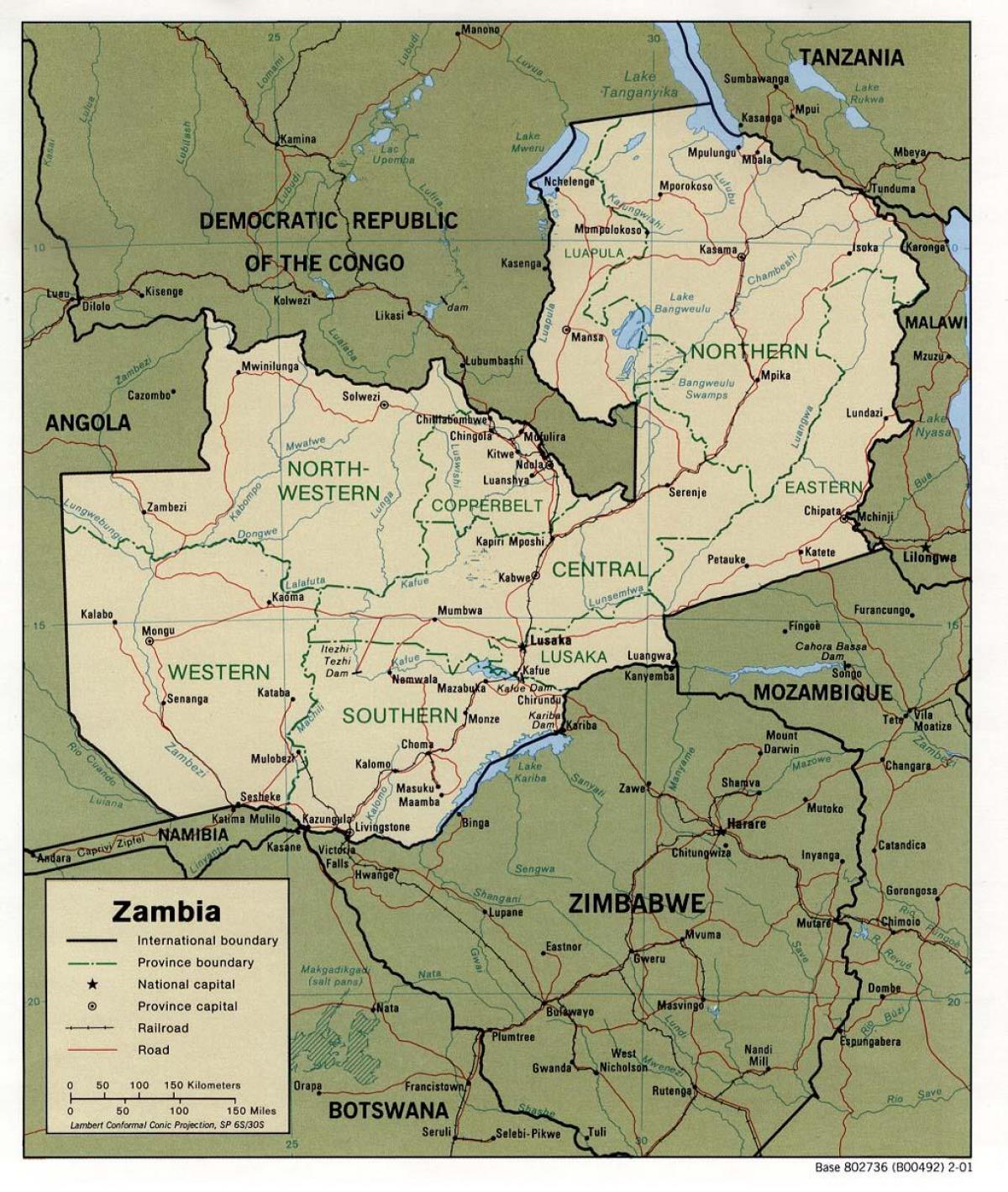 Zambië fisiese kenmerke kaart