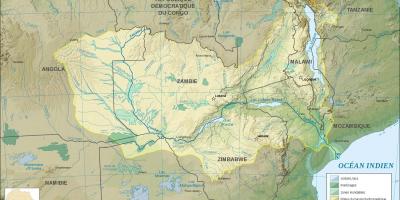 Kaart van Zambië wat riviere en mere